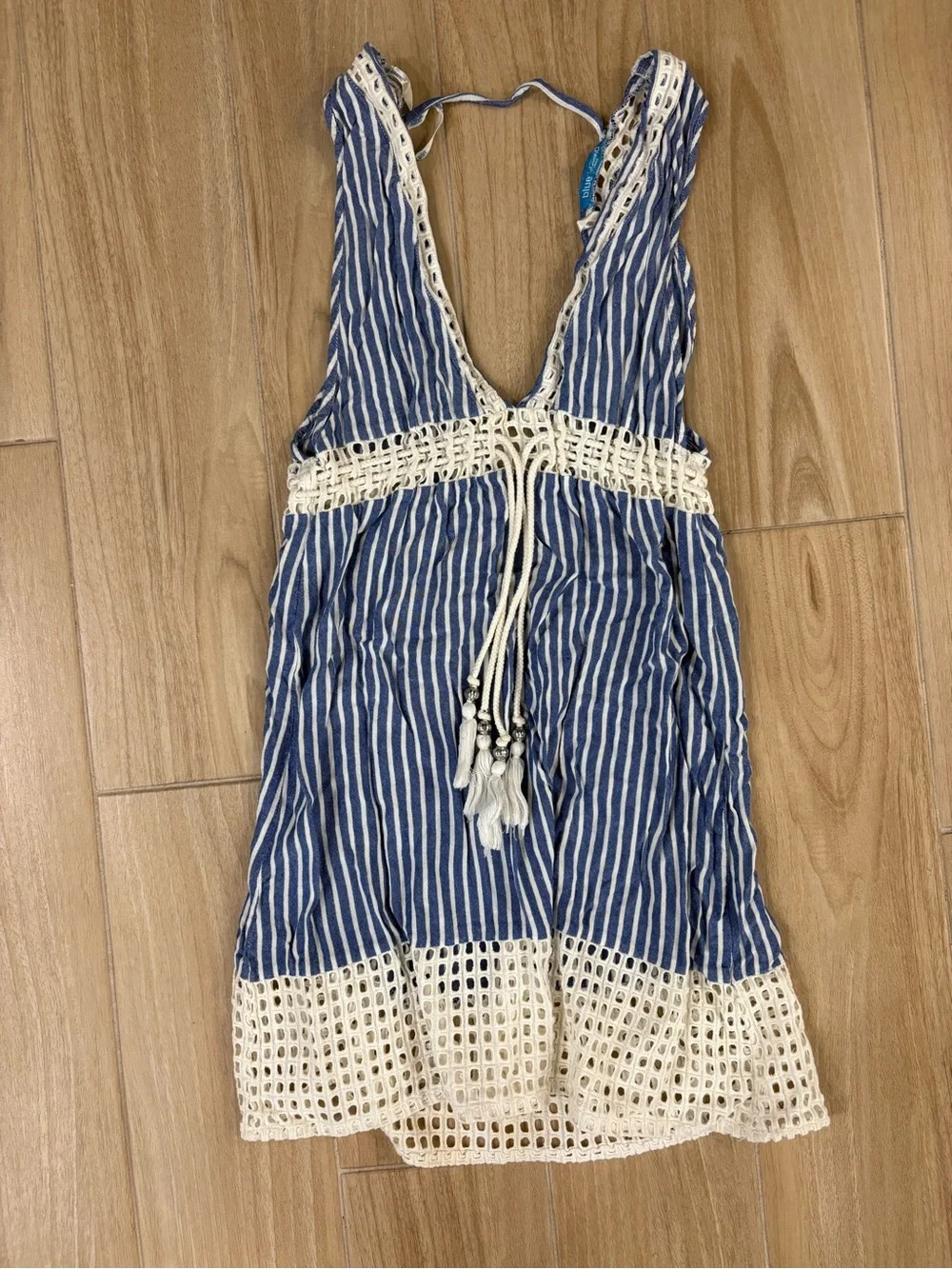 blue island Blue & Cream Striped Crochet-Trim Swim Coverup